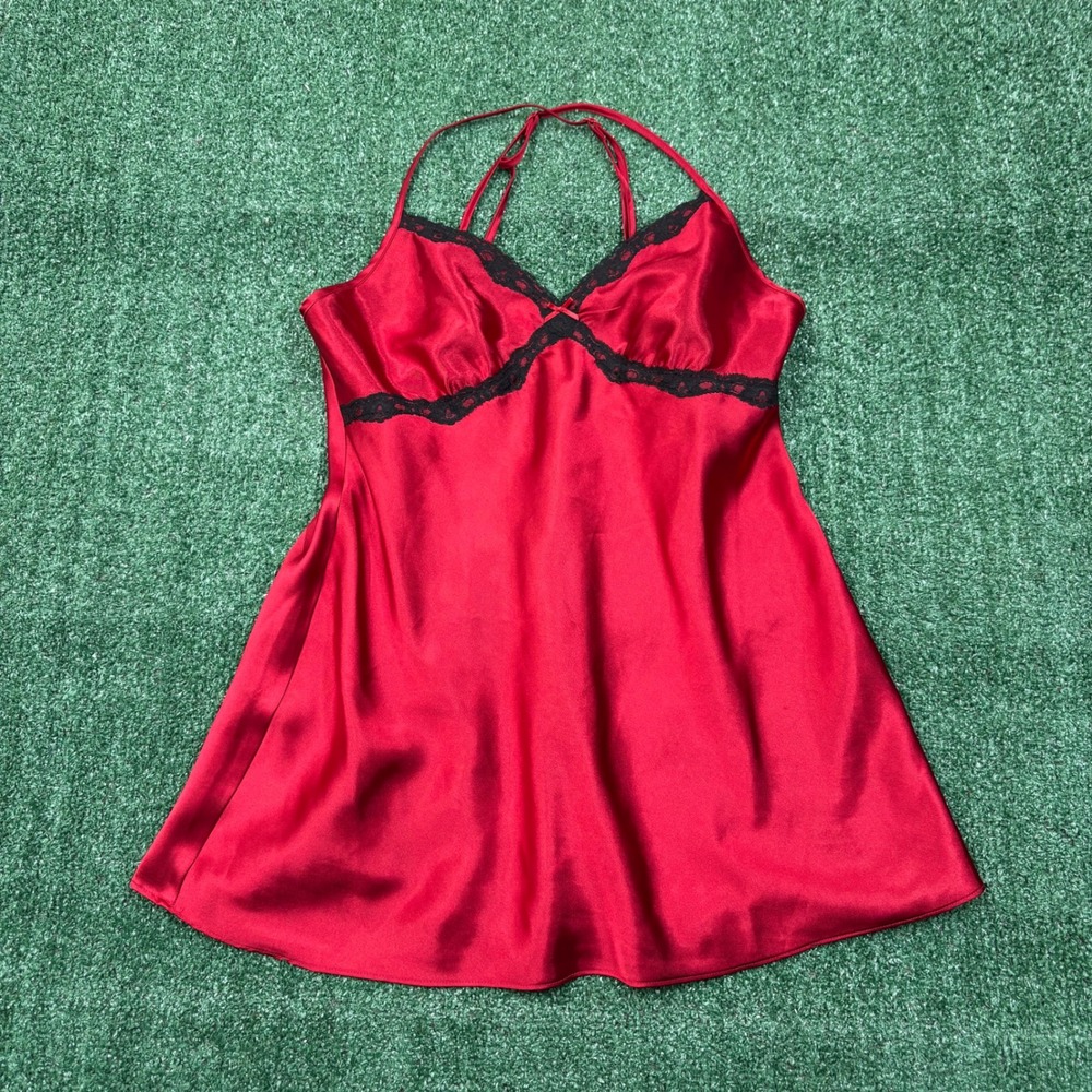 Y2K Ambrielle Satin Lace Slip Dress Nightgown Red